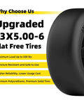 Flat Free 13x5.00-6 Tire And Wheel Set For Zero Turn Mowers, side view showing text with features and benefits