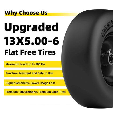 Flat Free 13x5.00-6 Tire And Wheel Set For Zero Turn Mowers, side view showing text with features and benefits