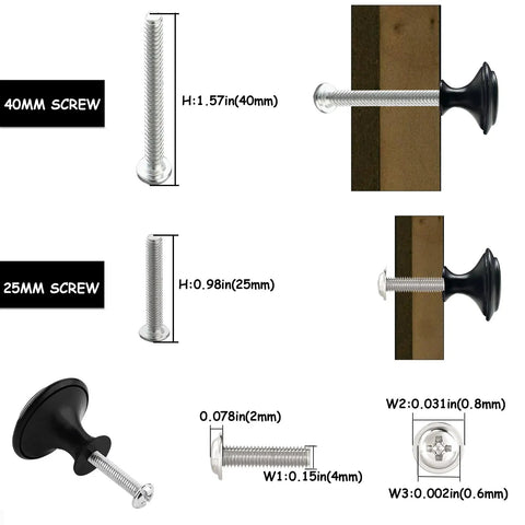30 Pack 30mm Black Zinc Cabinet Knobs Premium Drawer Pulls For Cabinets And Dressers With Screws, Heavy Duty Metal Hardware For Kitchen Cabinets, Closets, Dressers, And Easy DIY Furniture Makeovers. 40mm and 25mm screws shown