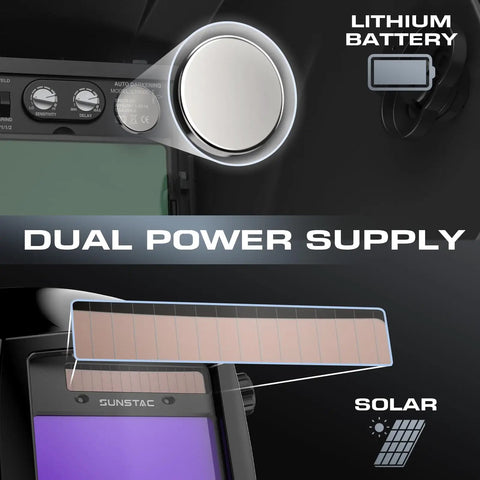 Auto Darkening Welding Helmet With Large 3.94 By 3.27 Inch Viewing Screen True Color Solar Powered Four Arc Sensors, lithium and solar power sources.