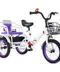 Outdoor Kid Friendly Pedal Tricycle for ages three to ten with folding frame, rear seat, three wheel trike, purple, hand brake.