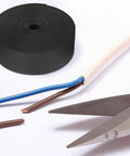 1 Inch Heat Shrink Tape For Electrical Wiring Black Shrink Wrap Tape With Heat Activated Adhesive beside cut wire and scissors