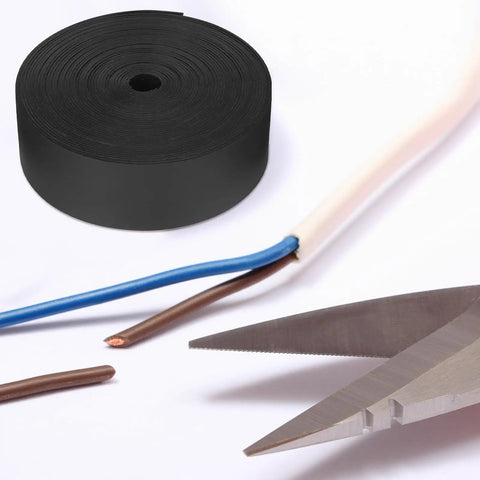 1 Inch Heat Shrink Tape For Electrical Wiring Black Shrink Wrap Tape With Heat Activated Adhesive beside cut wire and scissors