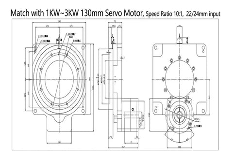 Precision Hollow Rotary Table With Super Smooth 360 Degree Stepper Servo Motor And Serious 15 Nm Torque Built Tough For Pro Grade Automation Projects Featuring Dead Simple 22 Mm Input Shaft technical drawing showing motor dimensions and features.