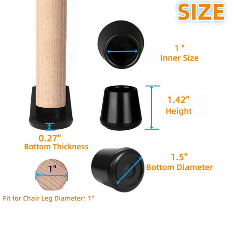 Heavy Duty Rubber Chair Leg Tips With One Inch Interior Non Slip Floor Protectors showing size details and dimensions for fitting.
