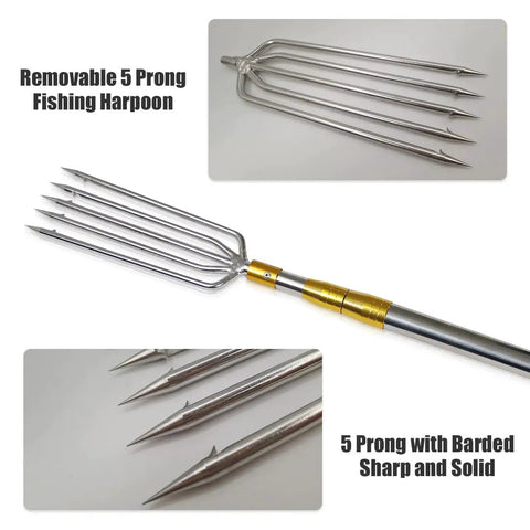 Close-up of removable 5 prong fishing harpoon with Telescopic Fish Gaff With 5 Tooth Harpoon Replaceable Stainless Steel Fork handle
