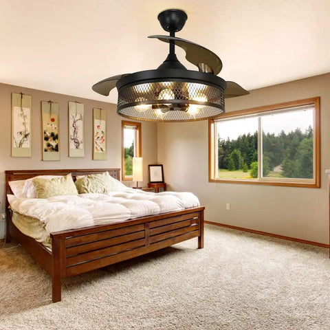 42 Inch Caged Ceiling Fan With Remote Control And Lights Dope Farmhouse Flush Mount Low Profile Ceiling Fan in bedroom matte black
