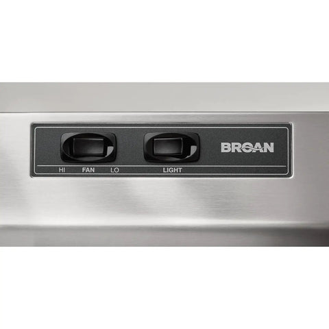 Close-up of control panel on Under-Cabinet 30-Inch Range Hood With Two-Speed Exhaust Fan And Light In Stainless Steel For Kitchen Ventilation.