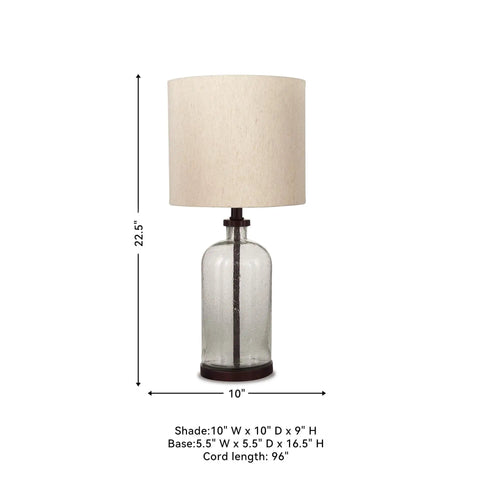 Modern Farmhouse Seeded Glass Table Lamp in Bronze Finish, 22.5 Inch Tall with beige drum shade, for Bedside or Living Room Decor.