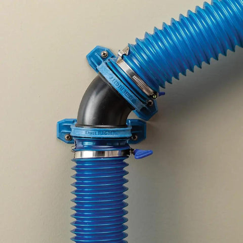 Dust Right Ready-Mount 2.5 Inch Vacuum Hose Fitting Brackets with interlocking teeth connecting blue hoses.
