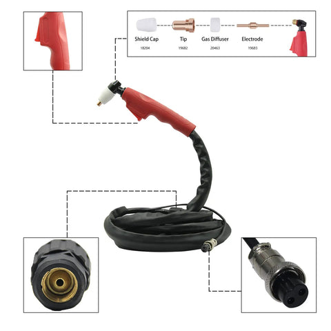 Pt 31 Air Plasma Cutting Torch 40 Amp With 13 Foot Cable showing handle, cable connections, and components for cutting steel.