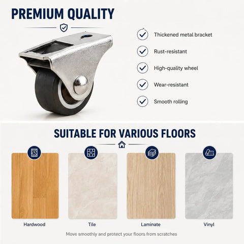 Mini Fixed Caster Wheels Set For Small Furniture And Appliances showing premium quality features and suitable floors like hardwood