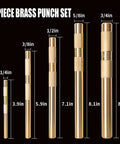 Five-piece brass punch set in gold finish, sizes 1/4, 3/8, 1/2, 5/8, 3/4 in (side view)