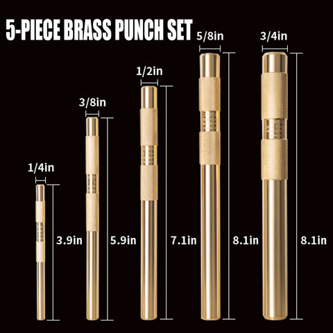 Five-piece brass punch set in gold finish, sizes 1/4, 3/8, 1/2, 5/8, 3/4 in (side view)