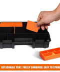 Four Piece Hardware Organizer Set With Three Different Sized Boxes For Bolts Screws Nails Nuts And Small Parts Built Tough In Black And Orange PP Plastic For Your Garage And Workshop with removable dividers visible