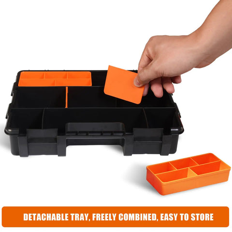 Four Piece Hardware Organizer Set With Three Different Sized Boxes For Bolts Screws Nails Nuts And Small Parts Built Tough In Black And Orange PP Plastic For Your Garage And Workshop with removable dividers visible