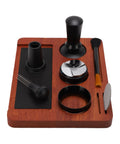 Pro Level Premium Solid Wood Coffee Tamper Kit With Heavy Duty Tamping Station Barista Espresso Press Accessories Built Tough And Lookin Real Sharp set on wooden base with tools arranged for espresso prep.