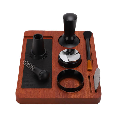 Pro Level Premium Solid Wood Coffee Tamper Kit With Heavy Duty Tamping Station Barista Espresso Press Accessories Built Tough And Lookin Real Sharp set on wooden base with tools arranged for espresso prep.