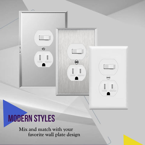 Toggle Switch And Tamper Resistant Outlet Combo For DIY Friendly Home Use UL Listed Built With Impact Resistant Polycarbonate Thermoplastic Shallow Body Fits Standard Junction Boxes Push In And Side Wiring For 12 To 14 AWG Copper Ground Terminal, modern wall plate styles