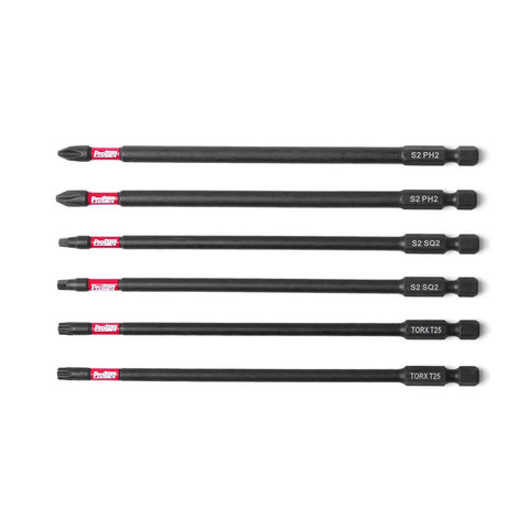 Long 6 Inch Torx Bit Set, 6 Piece With Magnetizer And Demagnetizer, shown in horizontal alignment.