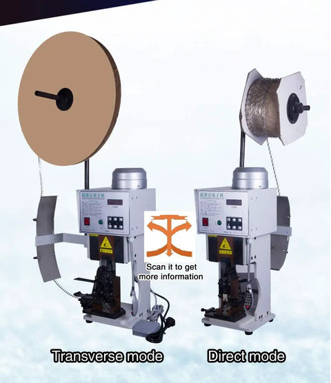 Reliable Heavy Duty Automatic Wire Crimping Machine With One Free Custom Mold High Speed Terminal Crimper showing transverse and direct modes.