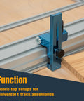 36-Inch Multi T Track For Woodworking, Awesome Universal Two And One Quarter Inch High T-Slot Extrusion, shown in use on wooden router table with blue anodized finish.