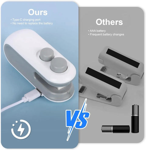 Split image comparing Mini Bag Sealer And Cutter with built-in battery and Type-C port on left to battery-operated alternatives on right