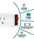Grounded Wall Tap Outlet Adapter 4 Pack With Red Indicator On Off Switch ETL Listed, single outlet, fireproof housing, 1875W rating