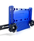 Workhorse Stackable Featherboard Rig For Table Saw Router And Bandsaw With Tight Lock Anti Kickback Bar T Track Mount Blue Grip Handles No Sweat Setup close-up of blue plastic featherboard with black knobs and t-track attachment.
