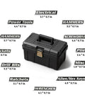 Image of 12 Pack Magnetic Toolbox Labels With Ultra Strong Embedded Magnets For Steel Surfaces No Fuss Reusable 3D Printed Tool Organizer Tags For Tool Chests Rolling Carts Drawers Cabinets In Black next to a black toolbox with various tool category names.
