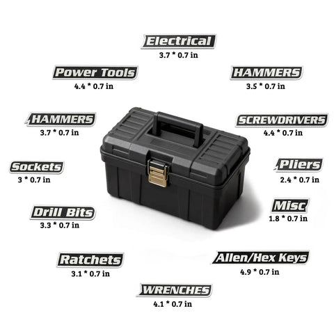 Image of 12 Pack Magnetic Toolbox Labels With Ultra Strong Embedded Magnets For Steel Surfaces No Fuss Reusable 3D Printed Tool Organizer Tags For Tool Chests Rolling Carts Drawers Cabinets In Black next to a black toolbox with various tool category names.