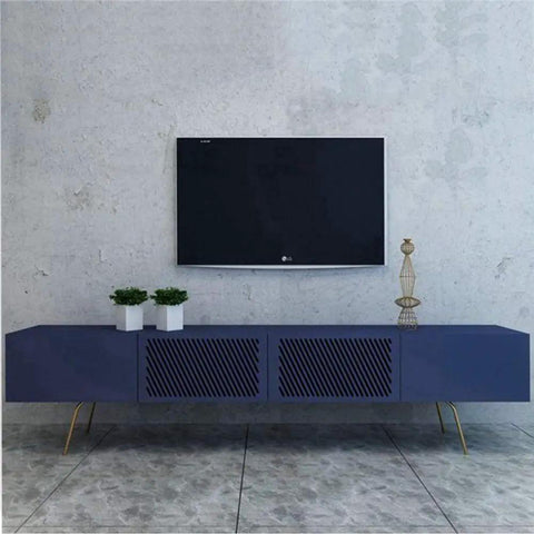 Step Up Your Space Game With Beefy Stainless Steel L Shaped Table Legs, Gold Brushed Heavy Duty Sofa Risers, Rust Resistant Lift Foot Accessories, Tough Support For Tv Stand, Pack Of 4, modern navy blue TV stand with plants.