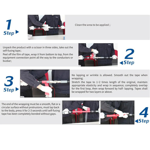 Instructional guide showing how to apply Self Fusing Silicone Repair Tape 16.4 Ft Long Waterproof And Heat Resistant Rubber Wrap for quick fixes.