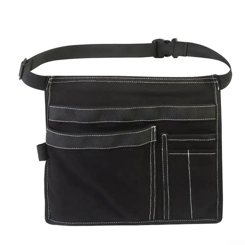 Heavy Duty Adjustable Tool Belt Pouch With 6 Pockets, Reinforced Canvas Construction For Screwdrivers, Rulers And Other Hand Tools, Durable Gray Carpenter Belt For Pros And DIY Projects. front view, gray canvas tool pouch with adjustable waist belt