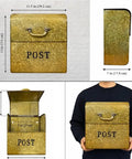 Rust Resistant Metallic Gold Wall Mount Mailbox Built Tough For Outdoors With Powder Coat Finish, shown with dimensions and POST label.