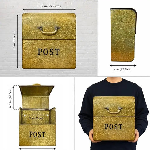Rust Resistant Metallic Gold Wall Mount Mailbox Built Tough For Outdoors With Powder Coat Finish, shown with dimensions and POST label.
