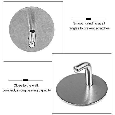 No Drill Needed Heavy Duty Stainless Steel Wall Hooks 6 Pack Adhesive Coat Hanger Set close-up of smooth stainless steel hook base.