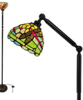 Tiffany Style Stained Glass Floor Lamp Dragonfly Vibe in Green and Red 72 Inch Tall with Swivel Reading Arm and Bronze Base