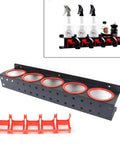Heavy Duty Wall Mounted Spray Bottle Holder Hella Strong Steel Storage Rack with five slots and accessories for garage use.