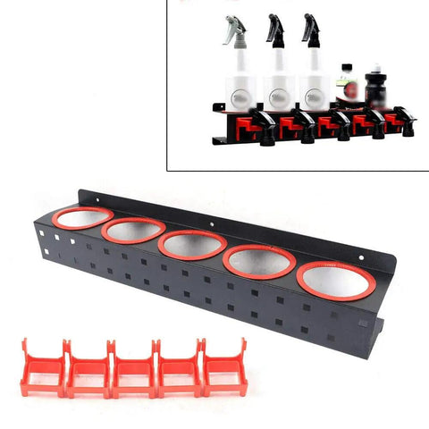 Heavy Duty Wall Mounted Spray Bottle Holder Hella Strong Steel Storage Rack with five slots and accessories for garage use.