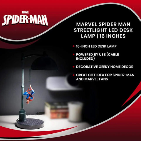 Spider Man Streetlight LED Mood Desk Lamp For Heroes Night Light 16 Inch Marvel Themed Desk Light With Bright LED Glow Lit Street Lamp Style For Fans And Collectors