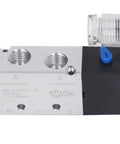 Close-up of internally piloted 5 way 2 position pneumatic solenoid valve, DC 12V control for reversing air flow, metal body