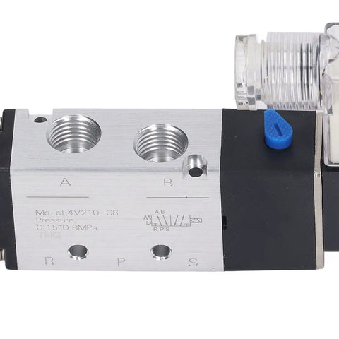 Close-up of internally piloted 5 way 2 position pneumatic solenoid valve, DC 12V control for reversing air flow, metal body