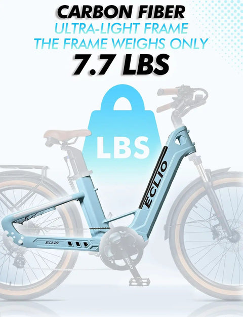 Beefy 1200W Peak Electric Bike carbon fiber frame weighs 7.7 lbs, showcasing ultra-lightweight design for adults.