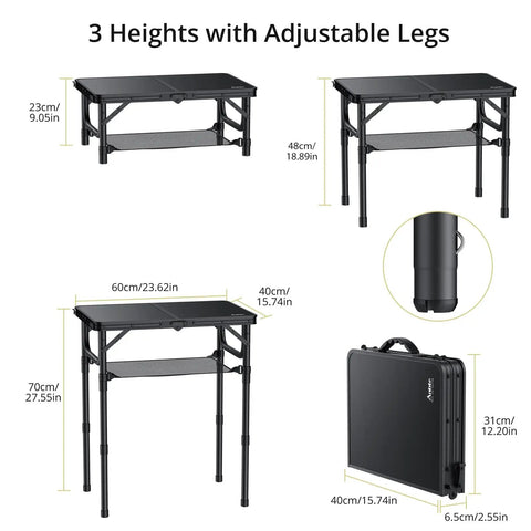 Foldable Camping Table With Storage Net Grab-And-Go Lightweight Aluminum Outdoor Table 23.2 X 16 Inches Adjustable Height 9 In 18 In 27.5 In Waterproof Portable With Handle For Travel Cooking And Picnics shown with its three height settings and foldable design.