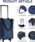 Foldable Shopping Trolley With Wheels 2 In 1 Reusable Grocery Tote Bag Dark Blue showing features like waterproof fabric and telescopic rod