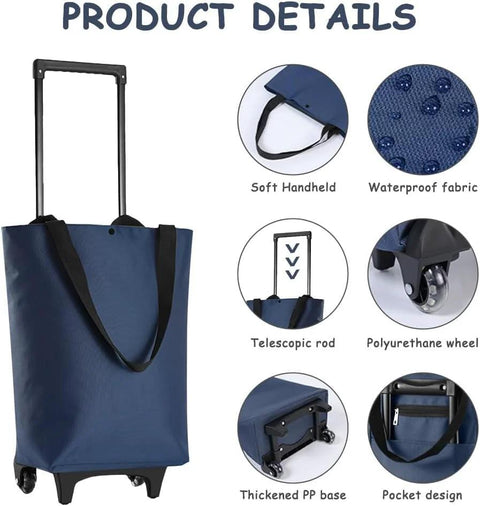 Foldable Shopping Trolley With Wheels 2 In 1 Reusable Grocery Tote Bag Dark Blue showing features like waterproof fabric and telescopic rod