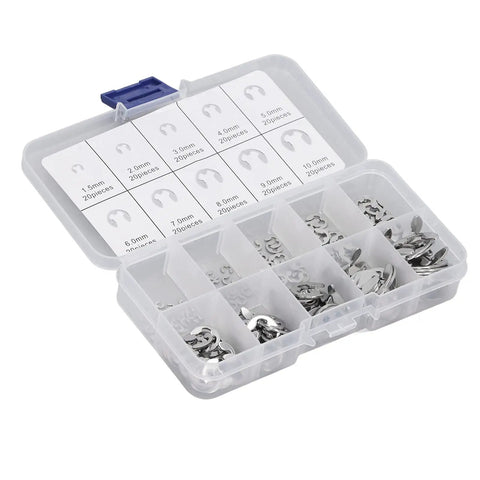 200Pcs E Clip Assortment Kit Stainless Steel External Retaining Circlip For Bearing Gear Pulley Axle Shaft with case compartments