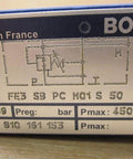 Bosch label on FE3-SB-PC-M01-S-50 Single Hydraulic Spool Valve showing part details, made in France, 4500 PSI max pressure.