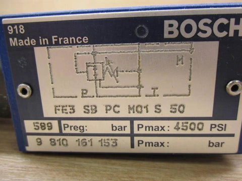 Bosch label on FE3-SB-PC-M01-S-50 Single Hydraulic Spool Valve showing part details, made in France, 4500 PSI max pressure.